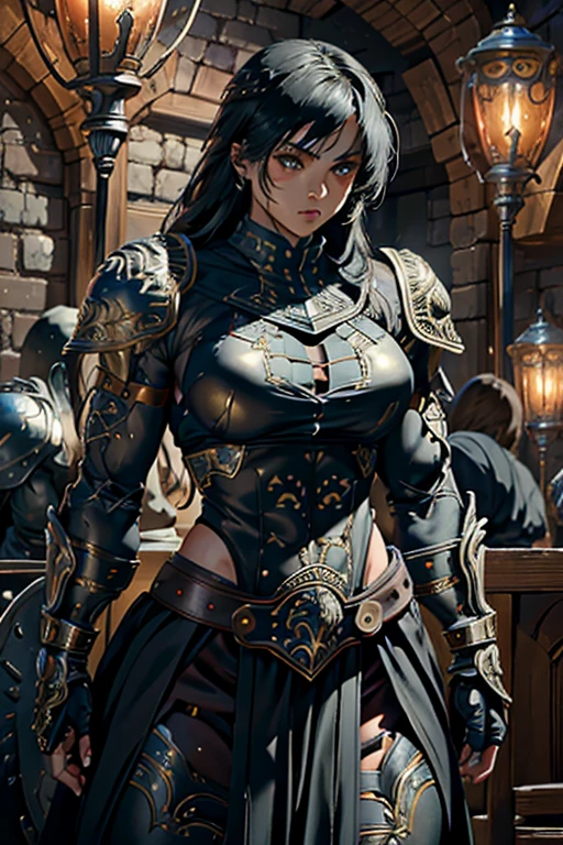 muscular female warrior, in detailed intricate medieval armor, wielding an ornate sword and shield, dynamic action pose, highly detailed, cinematic lighting, epic fantasy, rich colors, dramatic atmosphere