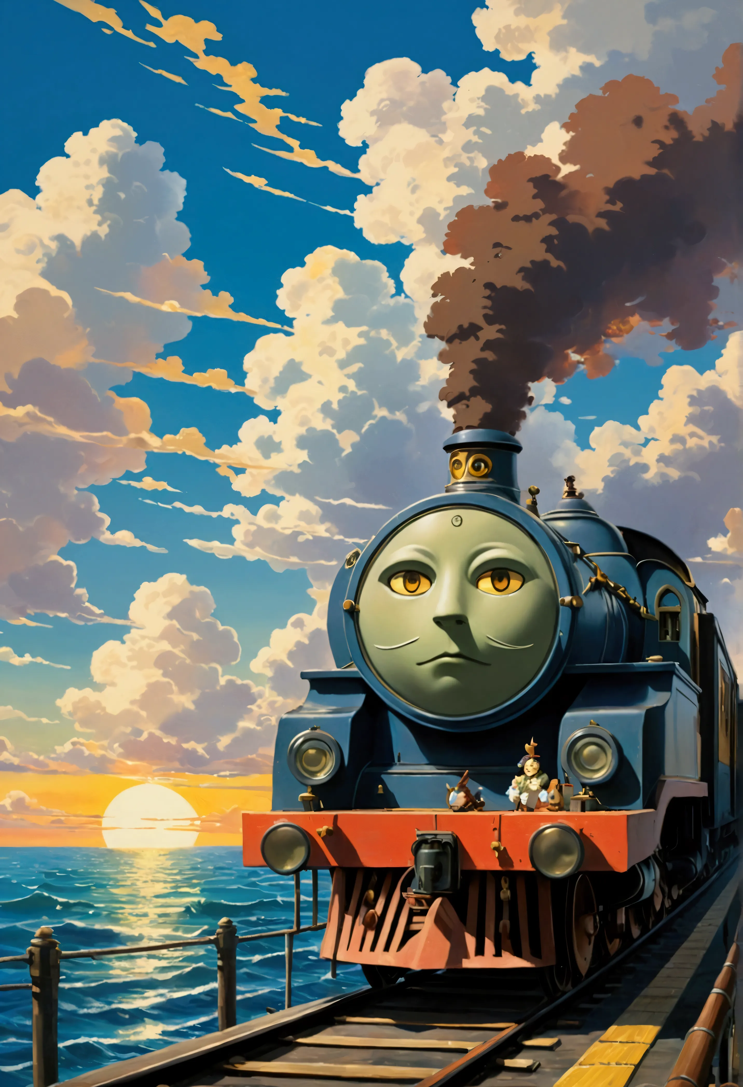 ghibli　on the sea　it&#39;s coming　a train running on the horizon of the sunset　force