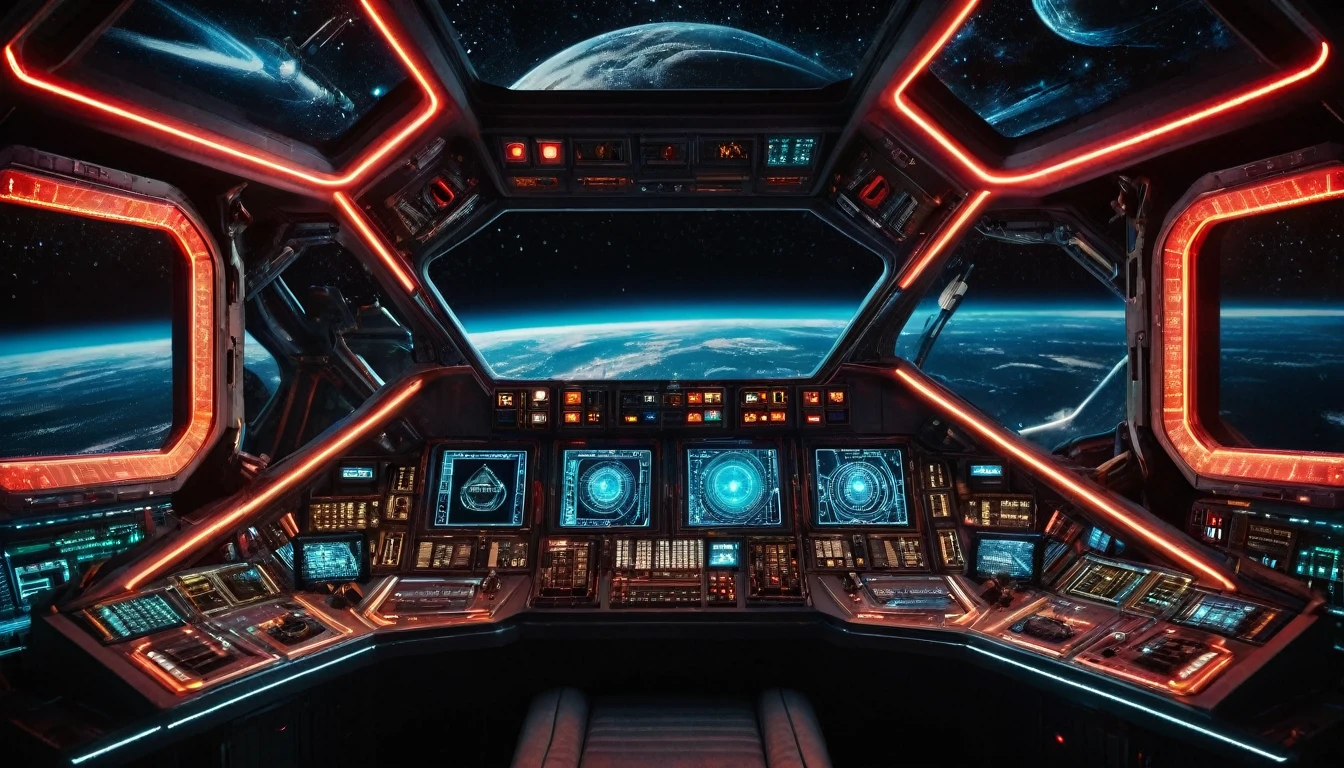 (masterpiece),(highest quality), highres, (extremely detailed), (best lighting) View from drivers seat, Spaceship cockpit, spaceship controls, black outer space background though the window, black starry background, neon lights, sovietpunkai, Soviet Emblem logo, Soviet aesthetic, Symmetrical environment, spaceship bridge, realistic, crisp image quality