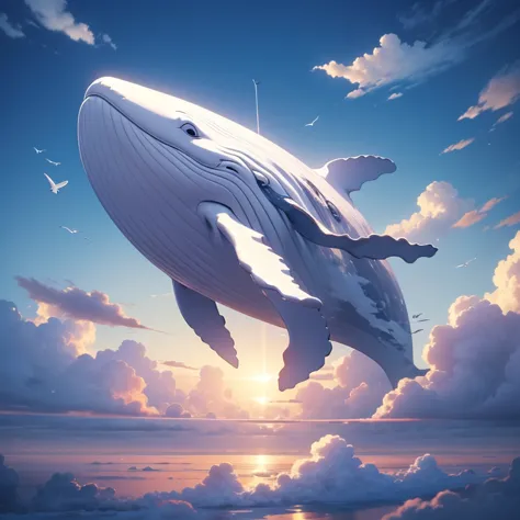 A white humpback whale with wings swimming above the clouds, a cute  riding the whale, ☆彡