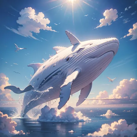 A white humpback whale with wings swimming above the clouds, a cute  riding the whale, ☆彡