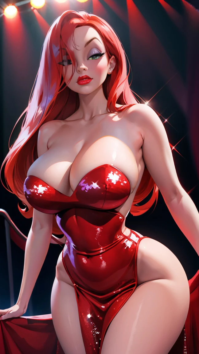 Masterpiece, high details, 8k, realistic, analog, 1girl, Jessica Rabbit with a huge large tits in a red dress mini, high cut out, on stage