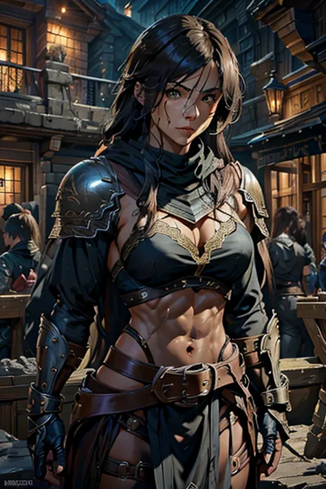 muscular female, archer/rogue class, mixed blood human and dragon, detailed facial features, intricate armor, dynamic pose, fant...