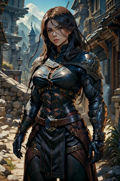 muscular female, archer/rogue class, mixed blood human and dragon, detailed facial features, intricate armor, dynamic pose, fantasy landscape, warm lighting, cinematic composition, epic scale, dramatic colors, digital art, concept art style