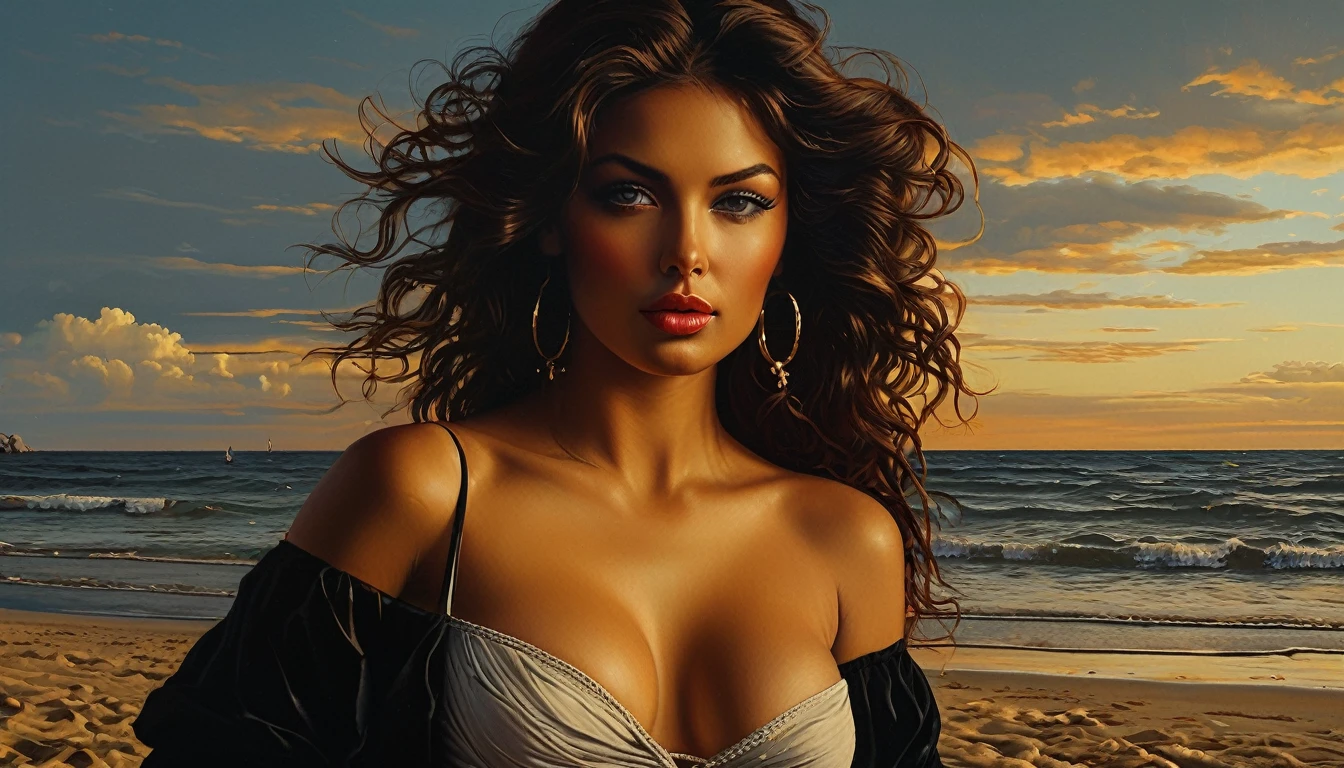 impactful color paint of a beautiful  sexy woman at the beach   highly detailed,  vibrant colors , 8k,   sharp,  professional, clear,   high contrast, high saturated, , vivid deep blacks, crystal clear