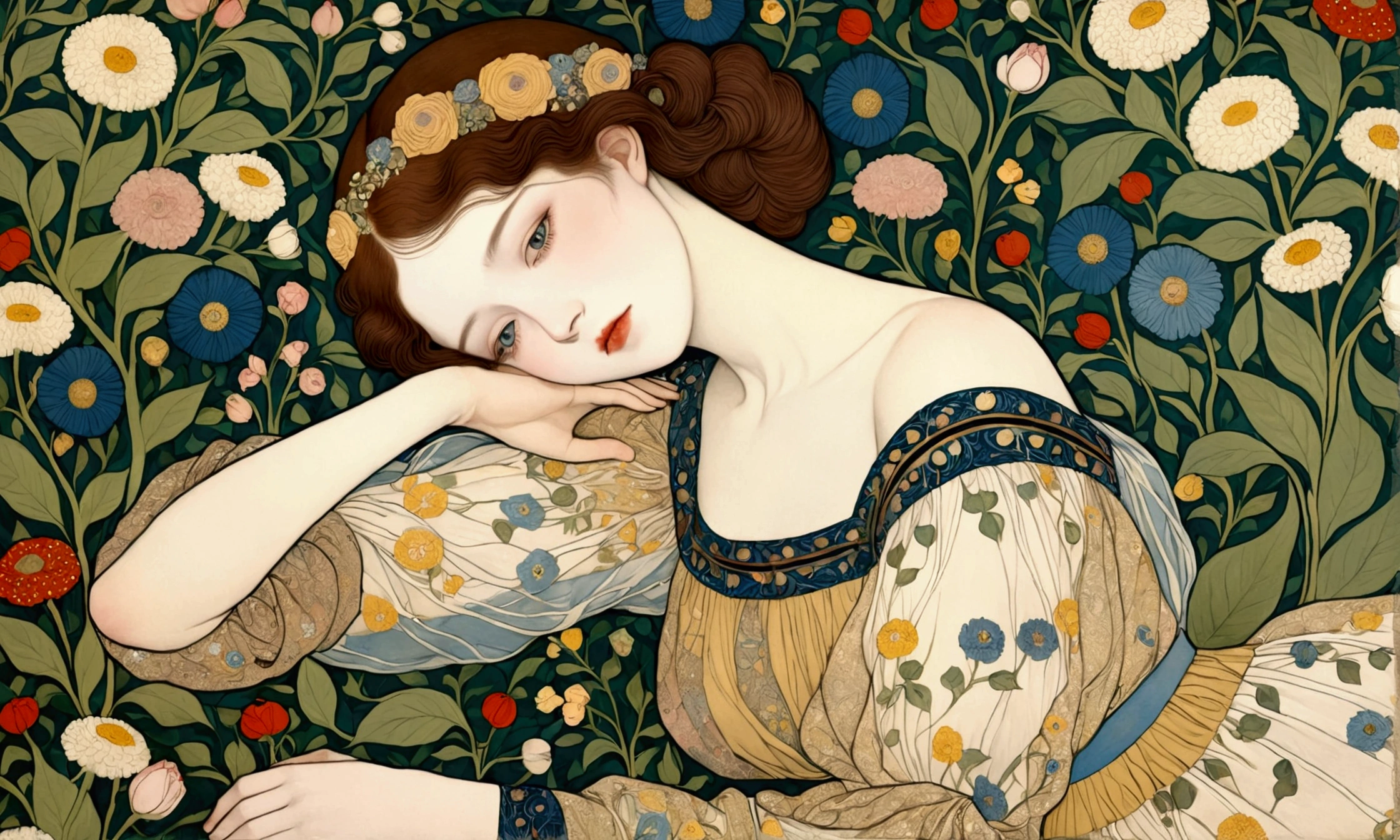 beautiful girl，garden，Gustav Klimt，william morris，Line Illustration，Organza yarn（Better support than ordinary yarn），Neoclassicism，Victorian