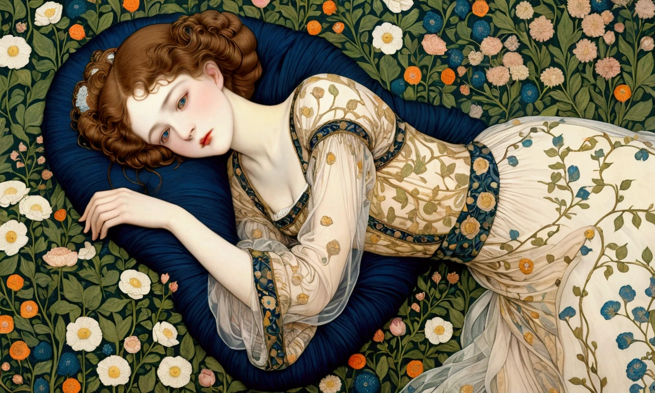 beautiful girl，garden，Gustav Klimt，william morris，Line Illustration，Organza yarn（Better support than ordinary yarn），Neoclassicism，Victorian