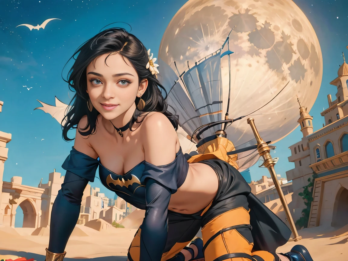 1 boy 1 girl, batman 1boy, disney jasmine  1girl, couple, looking at viewer,, boy in batman armour, smile, shirt, bare shoulders, jewelry, doggystyle sex, full body, flower, earrings, pants, off shoulder, crop top, makeup, bird, border, moon, full moon, off-shoulder shirt (realistic:1.2), (realism), (masterpiece:1.2), (best quality), (ultra detailed), (8k, 4k, intricate),(full-body-shot:1), (85mm),light particles, lighting, (highly detailed:1.2),(detailed face:1.2), (gradients), sfw, colorful,(detailed eyes:1.2)(detailed background),detailed landscape, (dynamic angle:1.2), (dynamic pose:1.2), (rule of third_composition:1.3), (Line of action:1.2)