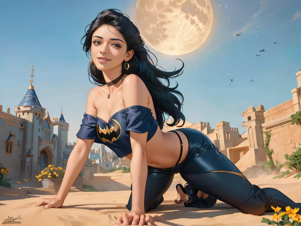 1 boy 1 girl, batman 1boy, disney jasmine  1girl, couple, looking at viewer,, boy in batman armour, smile, shirt, bare shoulders, jewelry, doggystyle sex, full body, flower, earrings, pants, off shoulder, crop top, makeup, bird, border, moon, full moon, off-shoulder shirt (realistic:1.2), (realism), (masterpiece:1.2), (best quality), (ultra detailed), (8k, 4k, intricate),(full-body-shot:1), (85mm),light particles, lighting, (highly detailed:1.2),(detailed face:1.2), (gradients), sfw, colorful,(detailed eyes:1.2)(detailed background),detailed landscape, (dynamic angle:1.2), (dynamic pose:1.2), (rule of third_composition:1.3), (Line of action:1.2)