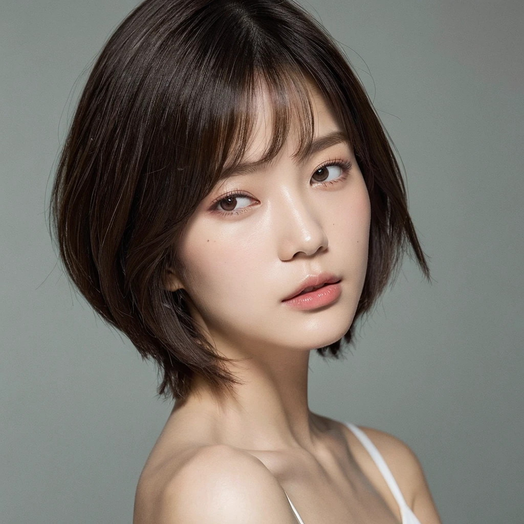 (top-quality、16K resolution)1 girl、独奏、natural soft light、、A Japanese Lady、not Looking at the camera、white camisole、Concrete background、Facing the front、is standing、bobhair、30year old、Light bangs、short-hair、Salon model、Natural look、bobcut、bob hair、short hair,Moles in the eyes