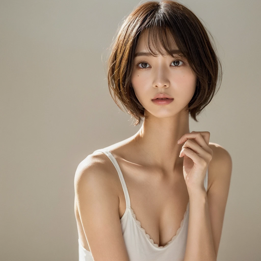 (top-quality、16K resolution)1 girl、独奏、natural soft light、、A Japanese Lady、not Looking at the camera、white camisole、Concrete background、Facing the front、is standing、bobhair、30year old、Light bangs、short-hair、Salon model、Natural look、bobcut、bob hair、short hair,Moles in the eyes