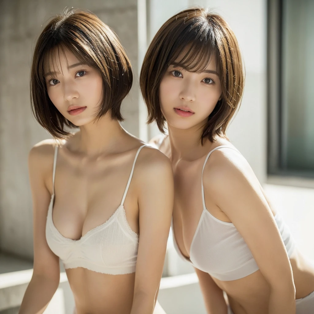 (top-quality、16K resolution)1 girl、独奏、natural soft light、、A Japanese Lady、not Looking at the camera、white camisole、Concrete background、Facing the front、is standing、bobhair、30year old、Light bangs、short-hair、Salon model、Natural look、bobcut、bob hair、short hair,Moles in the eyes、D cup breasts