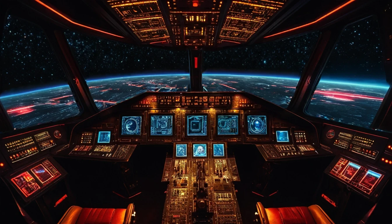 (masterpiece),(highest quality), highres, (extremely detailed), (best lighting) View from drivers seat, Spaceship cockpit, spaceship controls, Soviet Gold Red Star logo, black outer space background though the window, black starry background, neon lights, sovietpunkai, Soviet Emblem logo, Soviet aesthetic, Symmetrical environment, spaceship bridge, realistic, crisp image quality