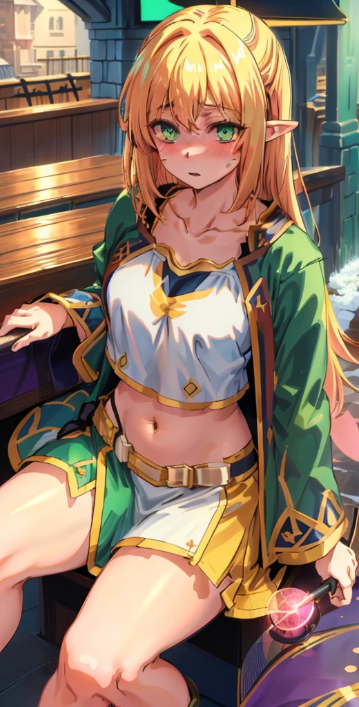 best quality, (masterpiece:1.2), detailed, medieval, green eyes, pointy ears,
Rumia Tingel,
1boy, solo, ((blush)),
medium hair, yellow hair, 
(((Green eyes, ultra-detailed eyes))),
Sitting ((blush)), manly body,  medium hair, fluffy hair, elf, dark magic aura background, perfect anatomy, healthy skin, shiny skin, shiny hair, ahoge,  glowing eyes, ((((sitting in a fantasy bar)))). (((((Fantasy clothes, collarbone, navel, healthy skin))))),  confident. 