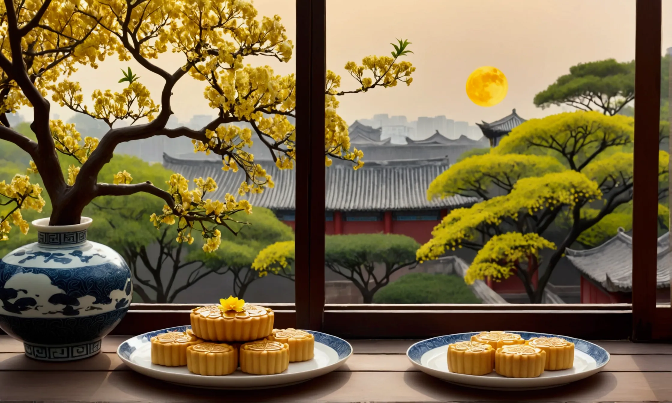 Product shooting, by the window, golden Osmanthus-fragrans-Lour , moon cakes on the plate; outside the window are round moon, do...