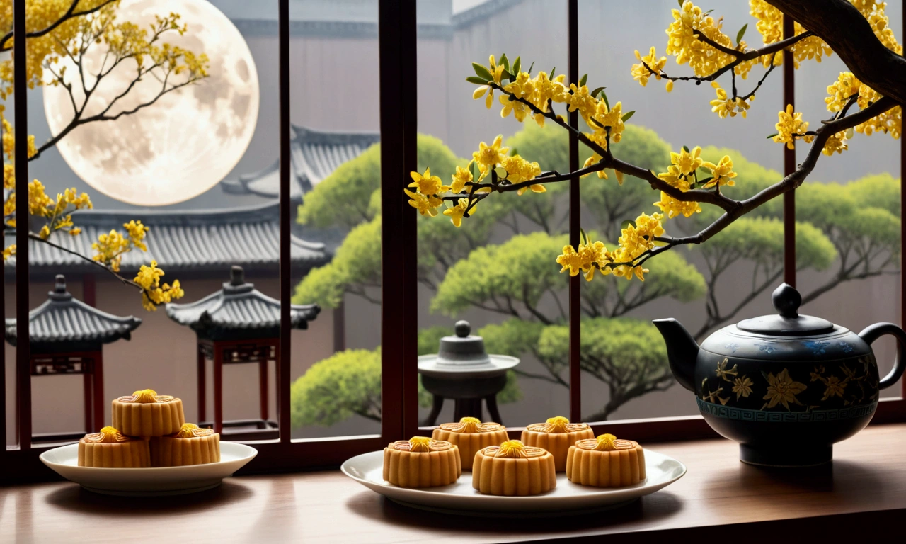 Product shooting, by the window, golden Osmanthus-fragrans-Lour , moon cakes on the plate; outside the window are round moon, dotted stars, osmanthus trees and breeze, Song Dynasty, ancient Chinese courtyard, telephoto lens, middle view, HD