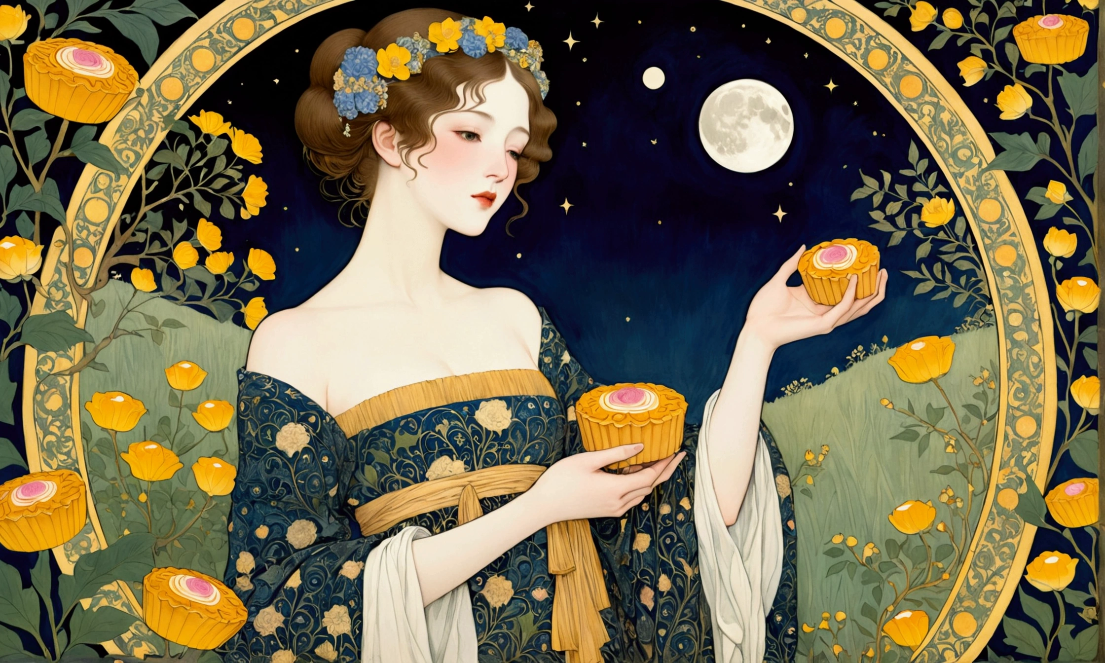 Mid-Autumn Mooncakes，beautiful girl，moon，，Gustav Klimt，william morris，Line Illustration，Neoclassicism，Victorian