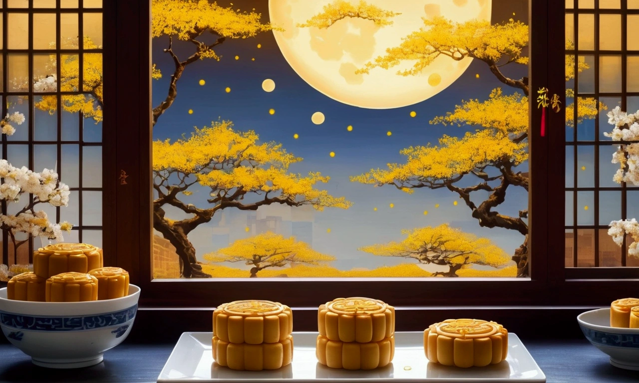 Product shooting, by the window, golden Osmanthus-fragrans-Lour , moon cakes on the plate; outside the window are round moon, dotted stars, osmanthus trees and breeze, Song Dynasty, ancient Chinese courtyard, telephoto lens, middle view, HD