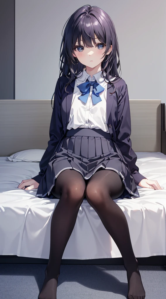 (The whole body from head to toe)、(Full Body)、(No shoes)、(blackpantyhoseの内側に白いパンティ)、(blackストッキングの内側に白いパンティ)、(Panty shot)、(Sitting with legs together)、(Sit with your knees bent and your legs apart)、(M-shaped legs)、bangs、Highest quality、High resolution、8k wallpaper、(figure:0.8)、(Beautiful attention to detail:1.6)、(Highly detailed face)、Perfect lighting、Highly detailed CG、Perfect hands、Perfect Anatomy、Thin legs、(Small Tits)、Sitting on the floor、Sleep on your back、Spread your legs、Look forward、Configuration from below、Positive、Turn your lower body forward、In 8K、Highest quality、The real picture、Intricate details、Ultra-detailed、超High resolution、Depth Field、(Photorealistic、Realistic:1.2),masterpiece, 0.25 :: Front shot、From the center、One Girl、Very beautiful 17 year old girl、See the face and feel、Big eyes、Sexy pose、Fascinating、Perfect Skin、(Small breasts)、Narrow waist、Light blush、solo、Looking at the audience、Five perfect fingers、Small toes、sweating、 wear((School_uniform)、White shirt、Collared shirt、Pleated dress、Grey Dress、(black_pantyhose:1.2)、 blackストッキング、blackpantyhose、(Sculpture Pose:1.1)、 Showing her white panties、Panty shot、Spread your legs、Open legs、Wide-open legs、bedroom 、On the bed