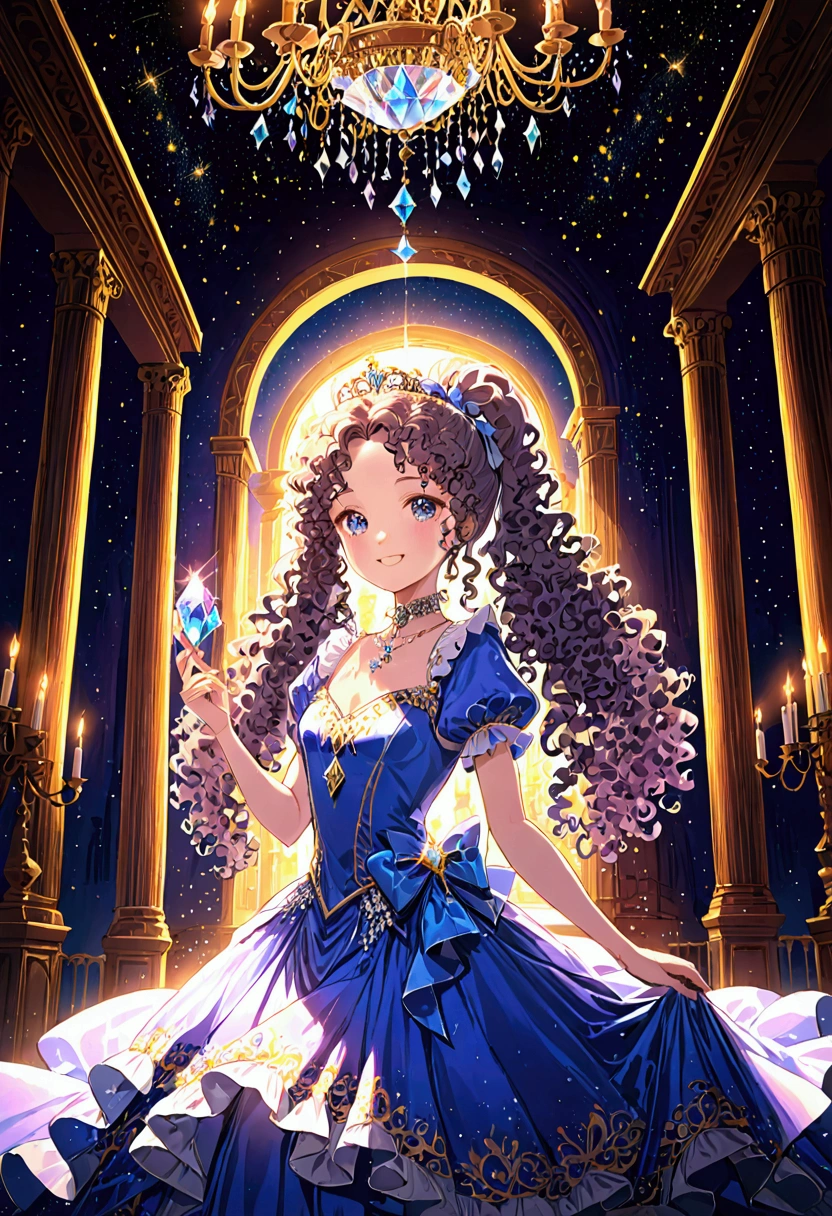 Dramatic composition, Court-style dress, Royal, nice, カスケードFrills, Frills, bow, Crystal Chandelier, Roman Curly Hairstyles, to place, Drill-like double ponytail, Looking at the camera, bangs, Maximalism, Palace-like background, Delicate depiction of hair and eyes, Princess Dress, nice skirts, Flowers in hands, smile, Starry Eyes, Cinematic Light, Extremely detailed, High resolution, Happy girl, Very long hair, diamond, broken diamond, Crystal Fragment, Particles of light