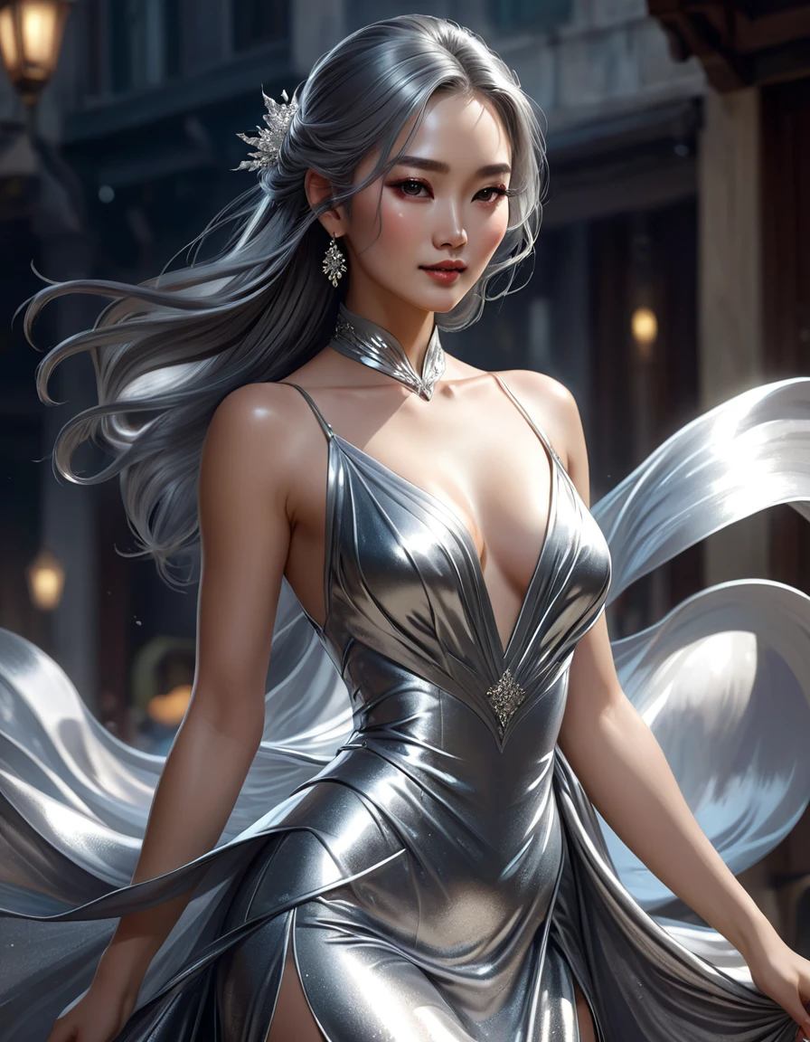 Close-up of a woman in a silver dress and flowing skirt., Concept art by Yang J, Artstation contest winner, fantasy art, Carole Bak&#39;s style, gracefully belly dance pose, Carol is behind, uh.., belly dance, wlop art, art of wlop, As seen in artgerm, A very detailed RTM pathogen.