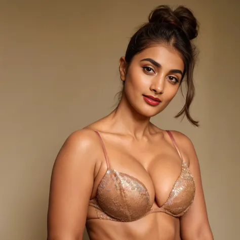 extreme close up photo of 30 years old naked pooja hegde, hourglass figure, deep cleavage, armpits, seductive eyes, ass, look at...