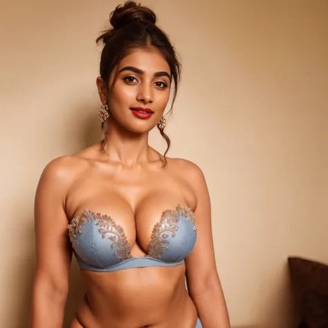 extreme close up photo of 30 years old naked pooja hegde, hourglass figure, deep cleavage, armpits, seductive eyes, ass, look at...