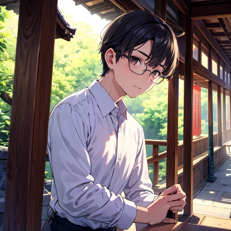 masterpiece, Highest quality, (alone focus), (Perfect Face:1.1), (Attention to detail:1.1),dramatic, gentleman,One man, (Healthy Skin),Korean,White eyes,[Glasses], 片Glasses,alone,White collared shirt,大きく開いた口のlol顔,lol,Looking into the camera,Detailed Background,art,Selfie,Natural light,Japanese Shrines