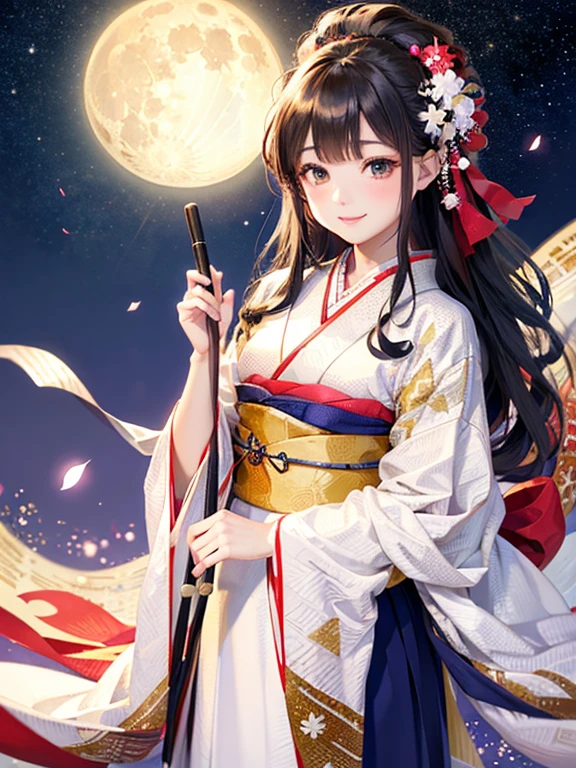 (Highest quality、 8k wallpaper、masterpiece、High resolution)、Vibrant colors、The Tale of the Bamboo Cutter、The Tale of Princess Kaguya、Elegant and beautiful woman with long black hair、Theara、A kind look、Smile on the lips、Traditional costumes of Japan、12 Single layer costume、whole body、Detailed Background、(Moso bamboo, starry sky and full moon)、Detailed digital art、