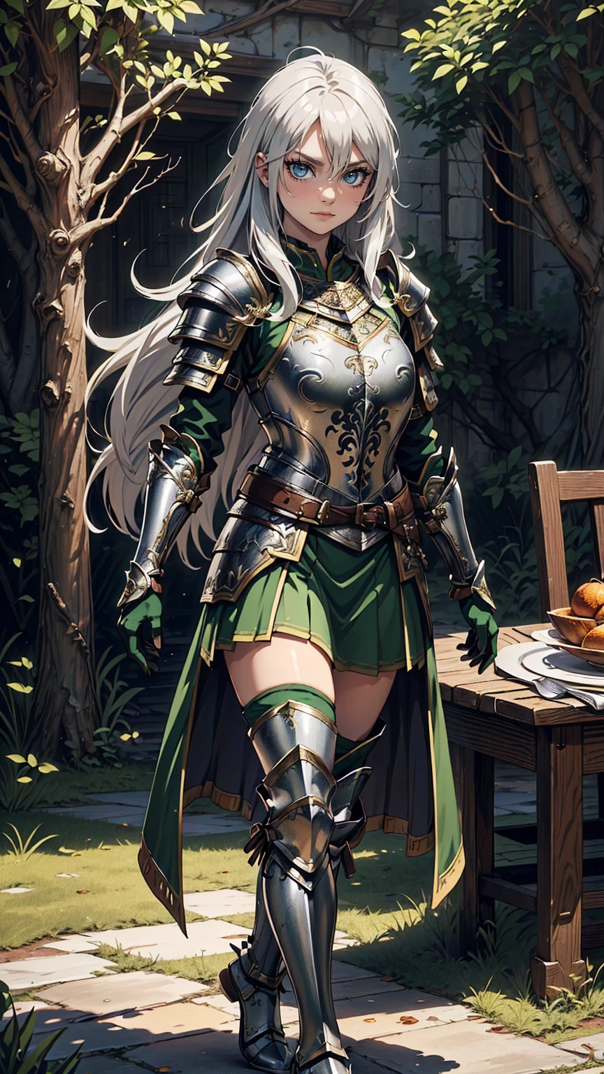 最high quality、Ultra High Definition, Ultra High Quality, Hyper Definition, Hyper Quality, Hyper Detailed, Extremely Detailed, Perfectly Detailed, Best image quality、masterpiece、anime woman((20-year-old、super dynamic pose , Green solid eyes, Silver long Hair, Disheveled Hair、Long White Hair,  Glove、Green Skirt, Fantasy nature type Armor, Smirk, cheerful expression, charismatic, Detailed Cuirass , Dressed in Full Coverage Fantasy Plate Armor, leg armor)),high quality、Beautiful art、background((Inside the mansion))、Written boundary depth、  movie、Visual Arts、Perfect art、8K,Genuine、