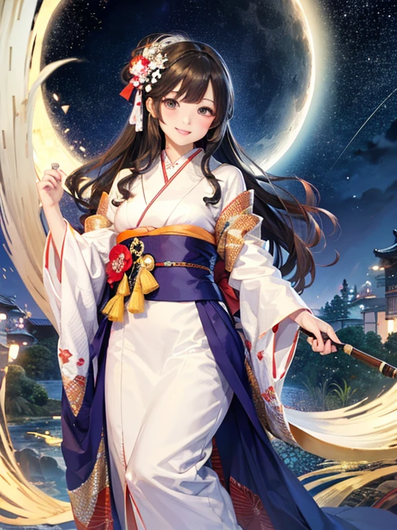 (Highest quality、 8k wallpaper、masterpiece、High resolution)、Vibrant colors、The Tale of the Bamboo Cutter、The Tale of Princess Kaguya、Elegant and beautiful woman with long black hair、Theara、A kind look、Smile on the lips、Traditional costumes of Japan、12 Single layer costume、whole body、Detailed Background、(Moso bamboo, starry sky and full moon)、Detailed digital art、