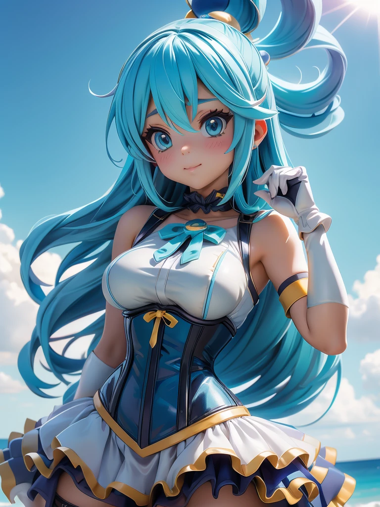 Aqua Konosuba, a corset, long gloves, stockings, Straps. Straps, Long legasterpiece，8 K，and the sun was shining brightly，sexy pose