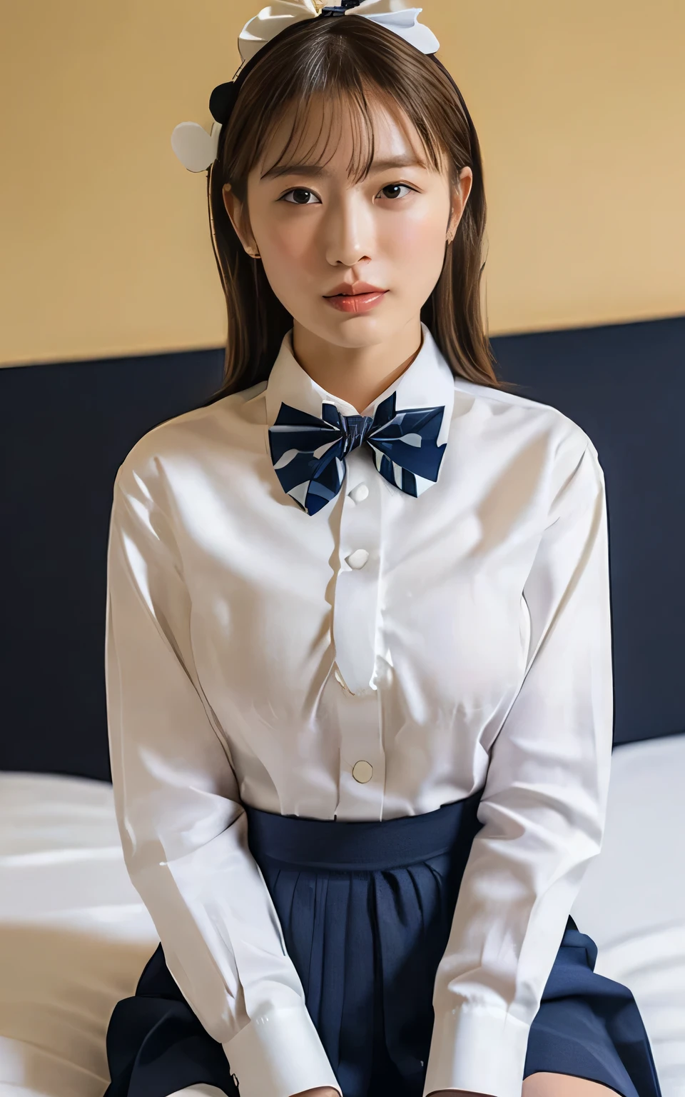 (Immersive Photography, Naughty photos, Full body photo:1.4), (Wearing a  uniform without a bra, White shirt, A bow tie, Navy Skirt, Tuck your shirt into your skirt,:1.6), (The shape of the nipples is clearly visible even through clothing., crotch cleft clearly, super beautiful legs:1.2), (She is sitting on the bed, Open your lips slightly:1.4), (I&#39;I&#39;I&#39;m going to do something naughty with her now.., Playing with her boobs:1.4), ((24-years-old, Beautiful female announcer, naughty lips, blush, My hair is messy, Body facing forward:1.4)), ((Small breasts, Flat Chest, chest is slightly drooping:1.2)), Eye focus, Watery eye, Narrow shoulders, Beautiful clavicle, Thin arms, Thin legs, Slim figure, Soft belly, Tight waist, Ultra detailed face, super detailed breasts, Ultra-detailed skin, Ultra-detailed lips, Fuller lips, Thick and soft lips, Glossy Lips, White teeth, Beautiful actress makeup, Compensate, Dark lipstick, Dark brown hair, Delicate and soft hair, Let your hair down, Fluffy short bob, Sweep your bangs to the side, Stylish earrings,necklace,
