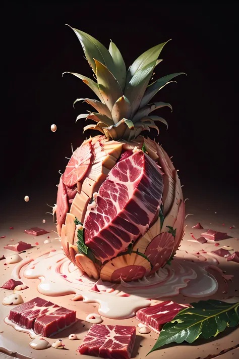 pineapple leaves, splash water, flashing particles , depth of field, clean background, made out of raw-meat,  raw-meat