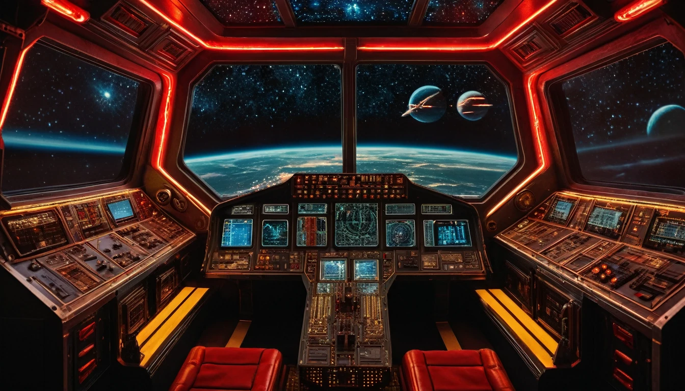 (masterpiece),(highest quality), highres, (extremely detailed), (best lighting) View from drivers seat, Spaceship cockpit, spaceship controls, Gold Soviet Red Star, Goldleaf Soviet memorabilia, communist aesthetic, black outer space background though the window, black starry background, Symmetrical environment, spaceship bridge, realistic, crisp image quality, neon lights, sovietpunkai