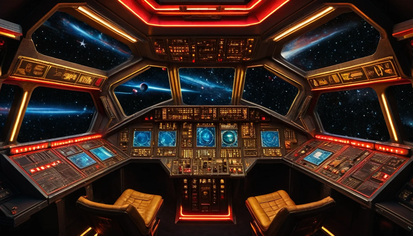 (masterpiece),(highest quality), highres, (extremely detailed), (best lighting) View from drivers seat, Spaceship cockpit, spaceship controls, Gold Soviet Red Star, Goldleaf Soviet memorabilia, communist aesthetic, black outer space background though the window, black starry background, Symmetrical environment, spaceship bridge, realistic, crisp image quality, neon lights, sovietpunkai