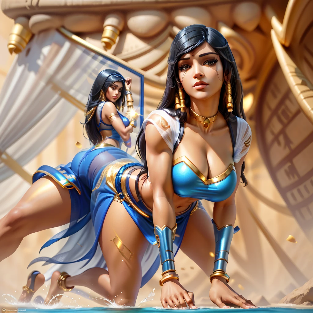 hyper realistic, highly detailed masterpiece of beautiful Egyptian queen Pharah from Overwatch, in a very sexy pose, curvy thick body , tanned skin , black braided hair, perfect face features, thick kissable lips, golden eyes, thick eyebrows, eyelashes, thin nose, glowing eyes, thick eyeliner, golden accessories, jewelries, , muscular body shape , wearing white see through nuisette , seductive look,