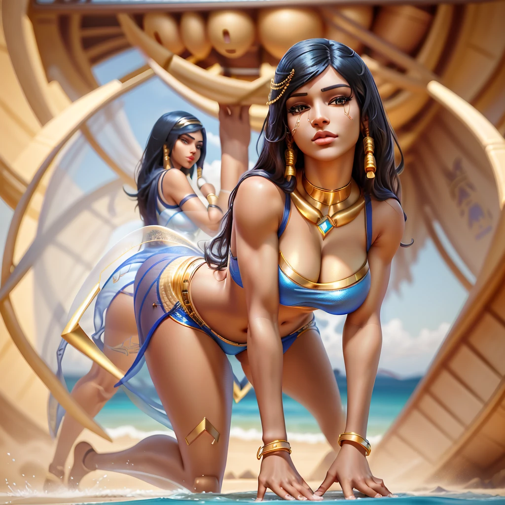 hyper realistic, highly detailed masterpiece of beautiful Egyptian queen Pharah from Overwatch, in a very sexy pose, curvy thick body , tanned skin , black braided hair, perfect face features, thick kissable lips, golden eyes, thick eyebrows, eyelashes, thin nose, glowing eyes, thick eyeliner, golden accessories, jewelries, , muscular body shape , wearing white see through nuisette , seductive look,