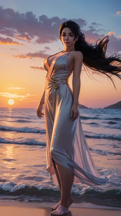 design a beautiful, detailed digital artwork featuring a young woman with long, flowing hair, standing on a sandy beach during s...