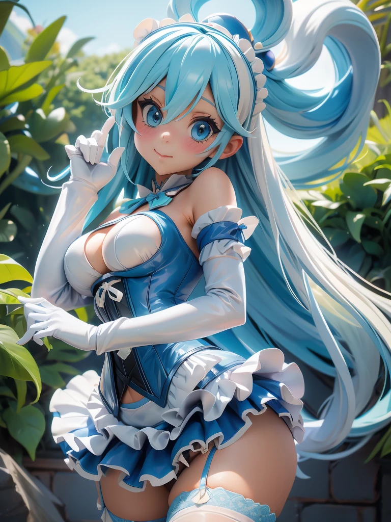 Aqua konosuba, (disfraz de sirvienta, белые medias, guantes blancos, corsé azul, bragas blancas, medias), cordón, Pieza de largo legado，8K，y el sol brillaba intensamente，pose sexy