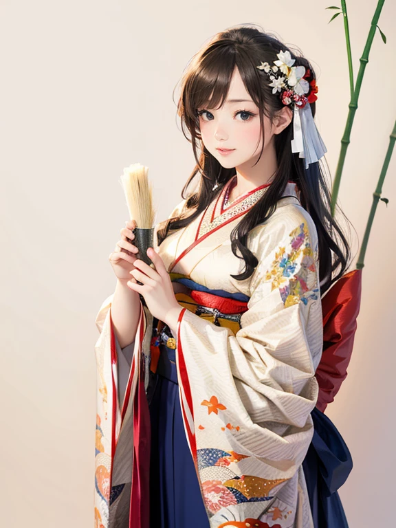 (Highest quality、 8k wallpaper、masterpiece、High resolution)、Vibrant colors、The Tale of the Bamboo Cutter、The Tale of Princess Kaguya、Elegant and beautiful woman with long black hair、A kind look、Smile on the lips、Traditional costumes of Japan、12 Single layer costume、whole body、Detailed Background、(Moso bamboo, starry sky and full moon)、Detailed digital art、