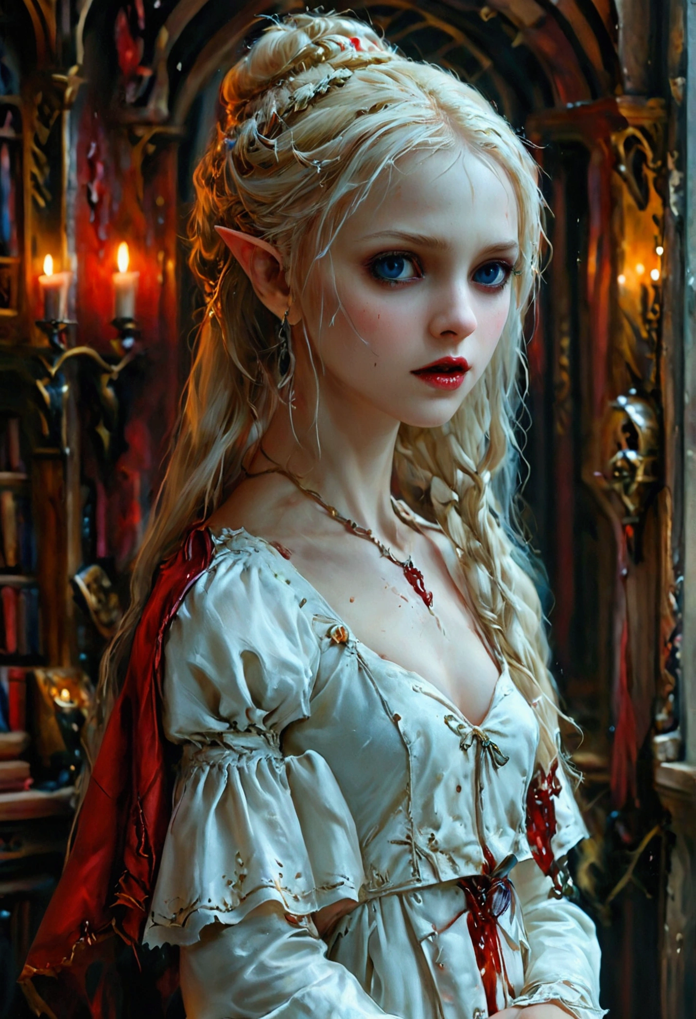 arafed a picture of elf vampire in her castle. an exquisite beautiful female elf vampire (ultra details, Masterpiece, best quality), bloody mouth blond hair, pale skin, hair in a ponytail, long hair, blue eyes, small pointed ears, cold eyes, smirking, wearing white dress (ultra details, Masterpiece, best quality), red cloak, in dark fantasy library, book shelves, arafed high details, best quality, 16k, [ultra detailed], masterpiece, best quality, (ultra detailed), full body, ultra wide shot, photorealism, RAW, dark fantasy art, gothic art, ArmoredDress, Dark Novel, Dark Art Painting Style, dripping blood, goth person