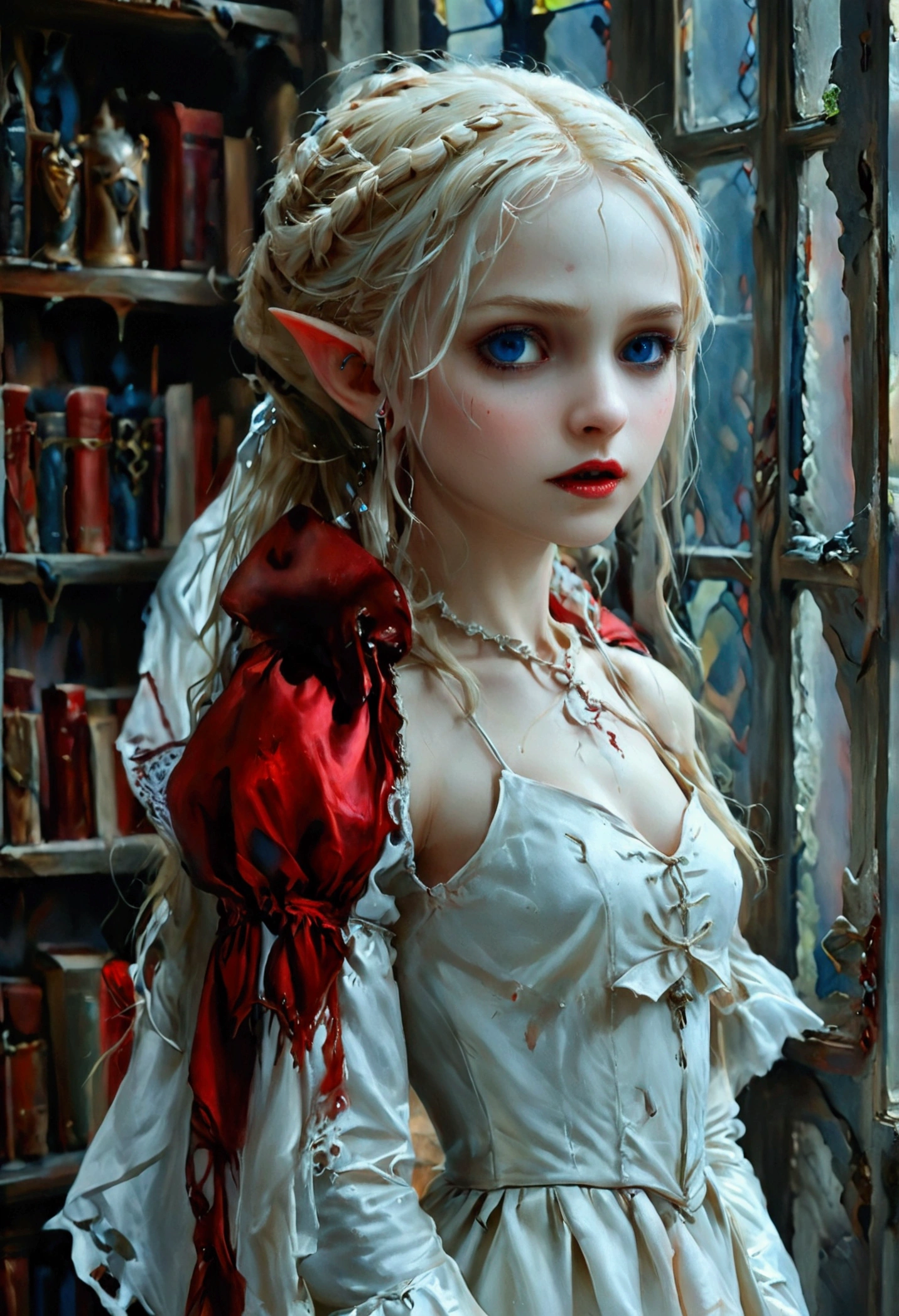 arafed a picture of elf vampire in her castle. an exquisite beautiful female elf vampire (ultra details, Masterpiece, best quality), bloody mouth blond hair, pale skin, hair in a ponytail, long hair, blue eyes, small pointed ears, cold eyes, smirking, wearing white dress (ultra details, Masterpiece, best quality), red cloak, in dark fantasy library, book shelves, arafed high details, best quality, 16k, [ultra detailed], masterpiece, best quality, (ultra detailed), full body, ultra wide shot, photorealism, RAW, dark fantasy art, gothic art, ArmoredDress, Dark Novel, Dark Art Painting Style, dripping blood, goth person