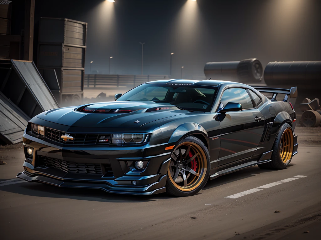 "Chevrolet Camaro 2SS 2014 in brutal sport tuning body kit and oversized off-road wheels that protrude beyond the wheel arches at dark background."