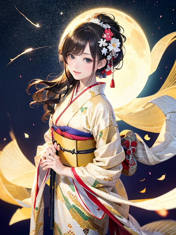 (de la máxima calidad、 fondo de pantalla 8k、obra maestra、Alta resolución)、Colores vibrantes、El cuento del cortador de bambú、El cuento de la princesa Kaguya、Mujer elegante y hermosa con pelo largo y negro.、Una mirada amable、Sonrisa en los labios、Trajes tradicionales de Japón.、12 disfraz de una sola capa、todo el cuerpo、antecedentes detallados、(bambú moso, Cielo estrellado y luna llena)、Arte digital detallado、