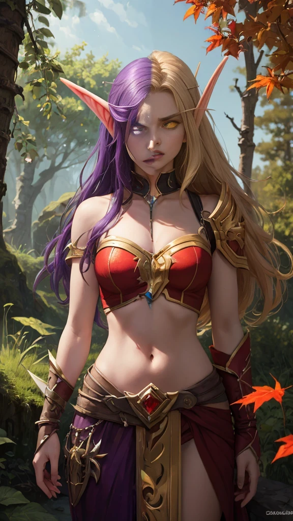 (Masterpiece, highly detailed, highly quality,  highly resolutions), SplitScreen, split screen, BREAK nightelf, angry, clenched teeth, glowing eyes, blue eyes, Purple Hair, colored skin, mature female, purple midriff, navel, purple spike shoulder pad, platinum trim, green leaves, jewelry, looking at viewer, forest, night, bare shoulders, spring season