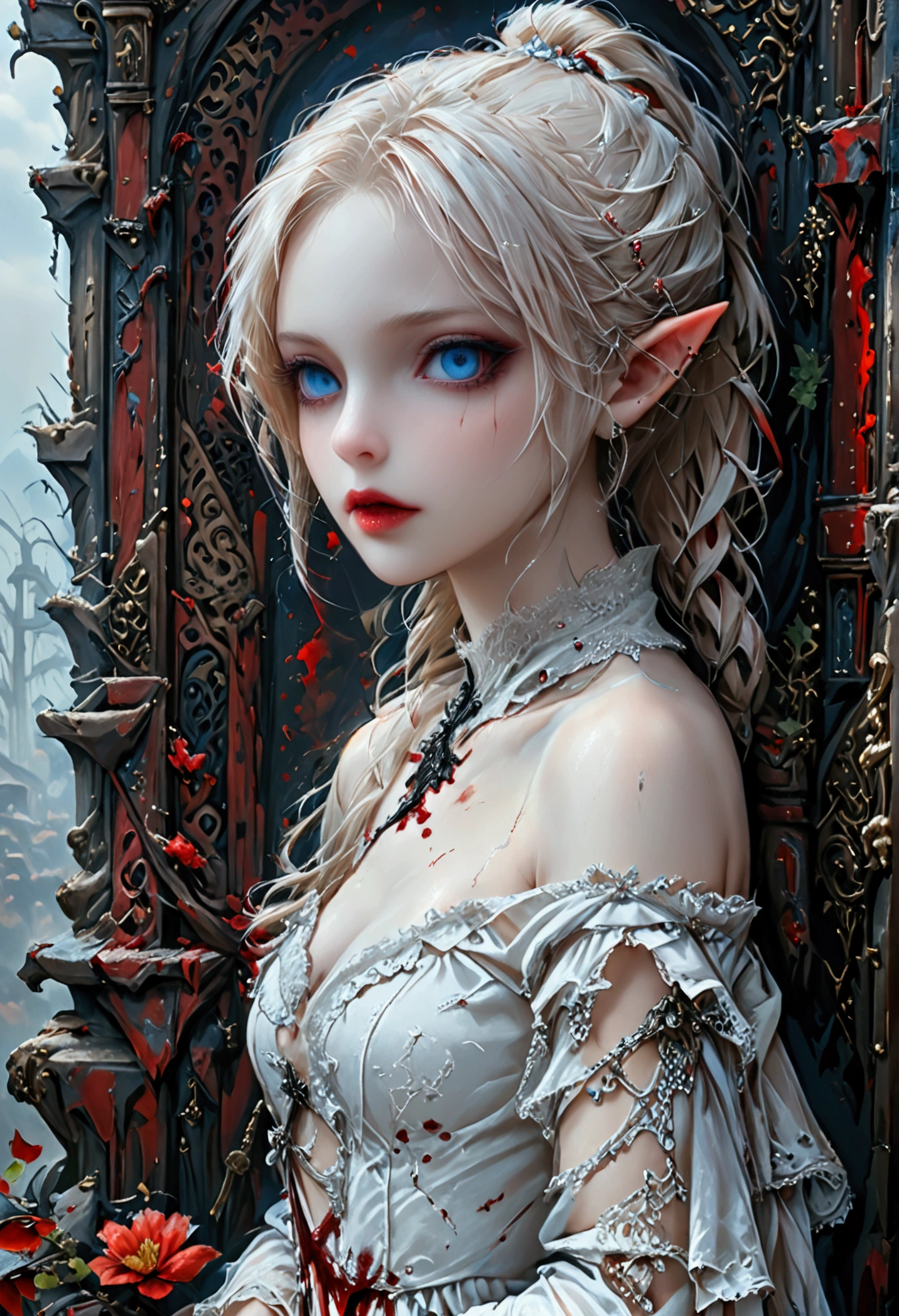 arafed a picture of elf vampire in her castle. an exquisite beautiful female elf vampire (ultra details, Masterpiece, best quality), bloody mouth blond hair, pale skin, hair in a ponytail, long hair, blue eyes, small pointed ears, cold eyes, smirking, wearing white dress (ultra details, Masterpiece, best quality), red cloak, in dark fantasy library, book shelves, arafed high details, best quality, 16k, [ultra detailed], masterpiece, best quality, (ultra detailed), full body, ultra wide shot, photorealism, RAW, dark fantasy art, gothic art, ArmoredDress, Dark Novel, Dark Art Painting Style, dripping blood, goth person