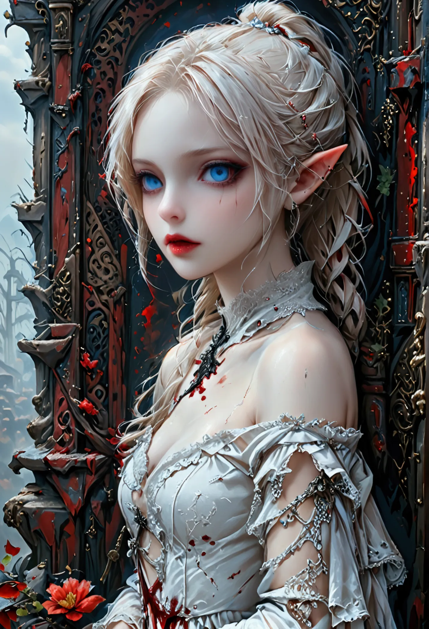 arafed a picture of elf vampire in her castle. an exquisite beautiful female elf vampire (ultra details, masterpiece, best quali...