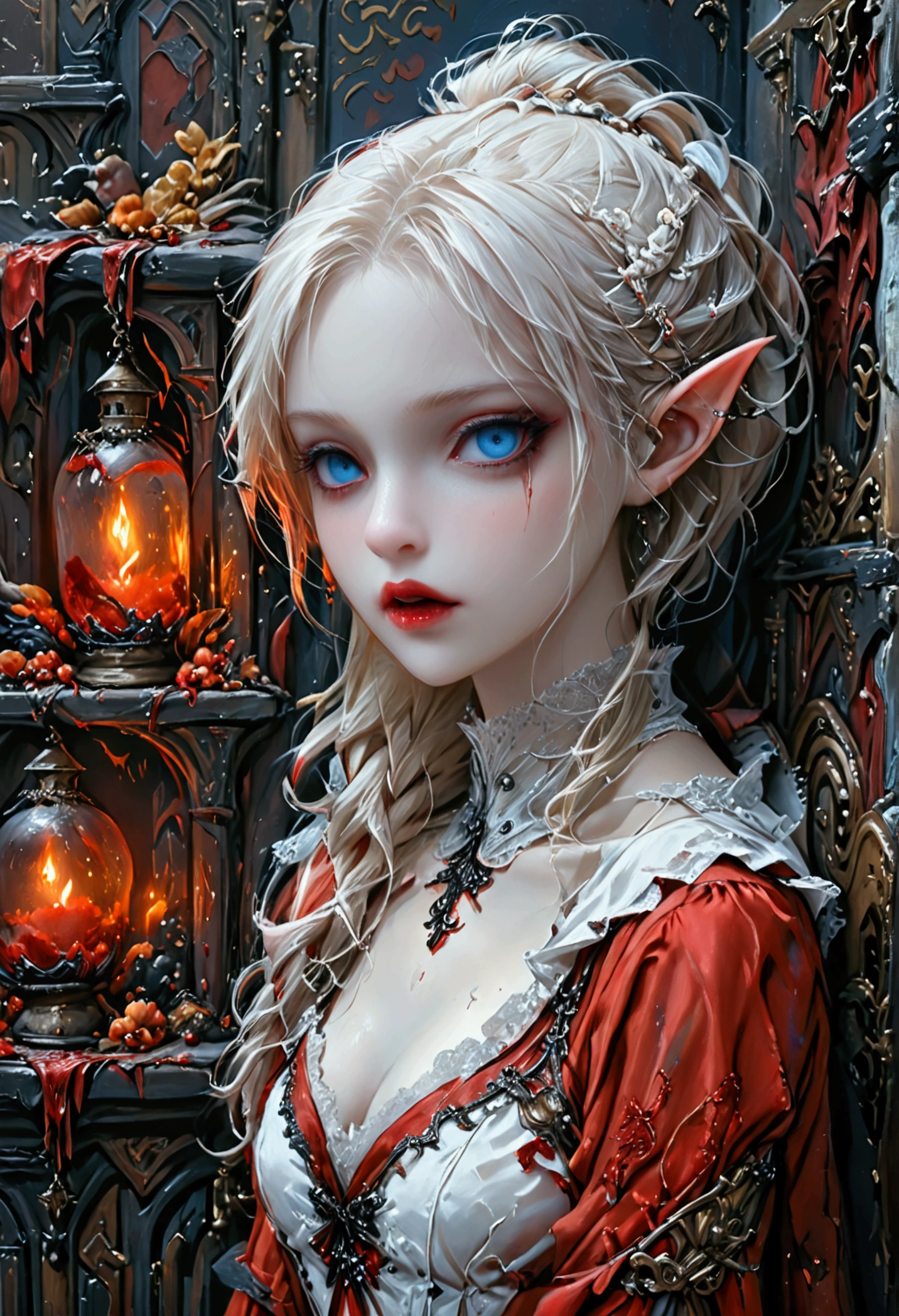 arafed a picture of elf vampire in her castle. an exquisite beautiful female elf vampire (ultra details, Masterpiece, best quality), bloody mouth blond hair, pale skin, hair in a ponytail, long hair, blue eyes, small pointed ears, cold eyes, smirking, wearing white dress (ultra details, Masterpiece, best quality), red cloak, in dark fantasy library, book shelves, arafed high details, best quality, 16k, [ultra detailed], masterpiece, best quality, (ultra detailed), full body, ultra wide shot, photorealism, RAW, dark fantasy art, gothic art, ArmoredDress, Dark Novel, Dark Art Painting Style, dripping blood, goth person