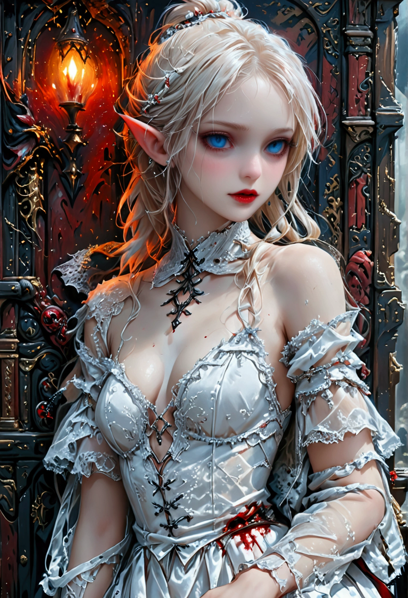 arafed a picture of elf vampire in her castle. an exquisite beautiful female elf vampire (ultra details, Masterpiece, best quality), bloody mouth blond hair, pale skin, hair in a ponytail, long hair, blue eyes, small pointed ears, cold eyes, smirking, wearing white dress (ultra details, Masterpiece, best quality), red cloak, in dark fantasy library, book shelves, arafed high details, best quality, 16k, [ultra detailed], masterpiece, best quality, (ultra detailed), full body, ultra wide shot, photorealism, RAW, dark fantasy art, gothic art, ArmoredDress, Dark Novel, Dark Art Painting Style, dripping blood, goth person